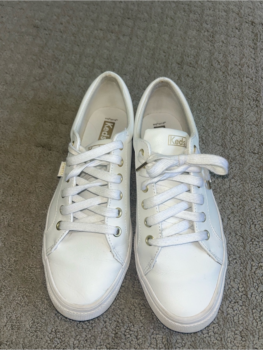 Keds White Leather Low-Top Sneakers with Gold Accents
